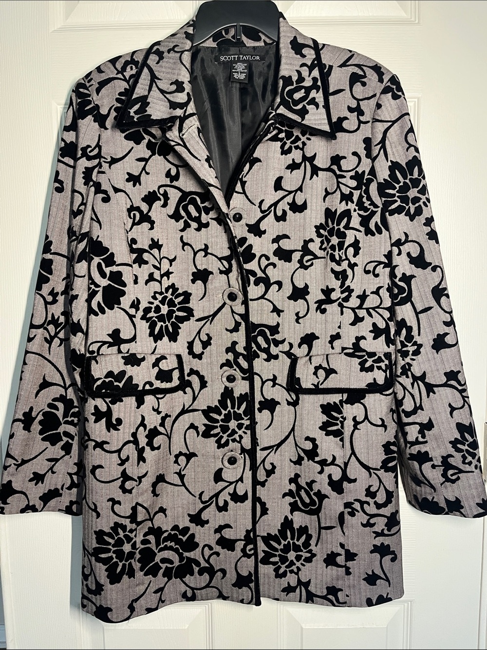 Black Floral Large Blazer from Scott Taylor Velvet Pattern Design